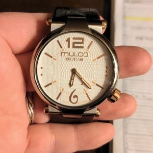 Mulco couture watch, black leather, rose gold and stainless steel case, NWOB